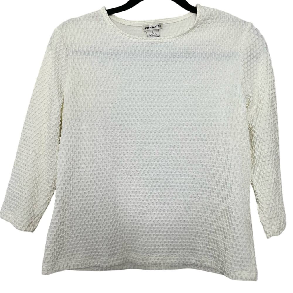 Laura Ashley Waffle Knit Dress Top 3/4 Sleeve Stretch Crème Off White Size Small